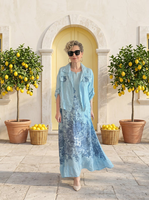 Amentes| İthal %100 Linen Ceket & Kolsuz Elbise Takımı Bebe Mavi