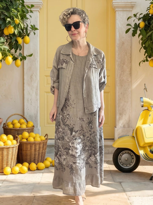 Amentes| İthal %100 Linen Ceket & Kolsuz Elbise Takımı Fango