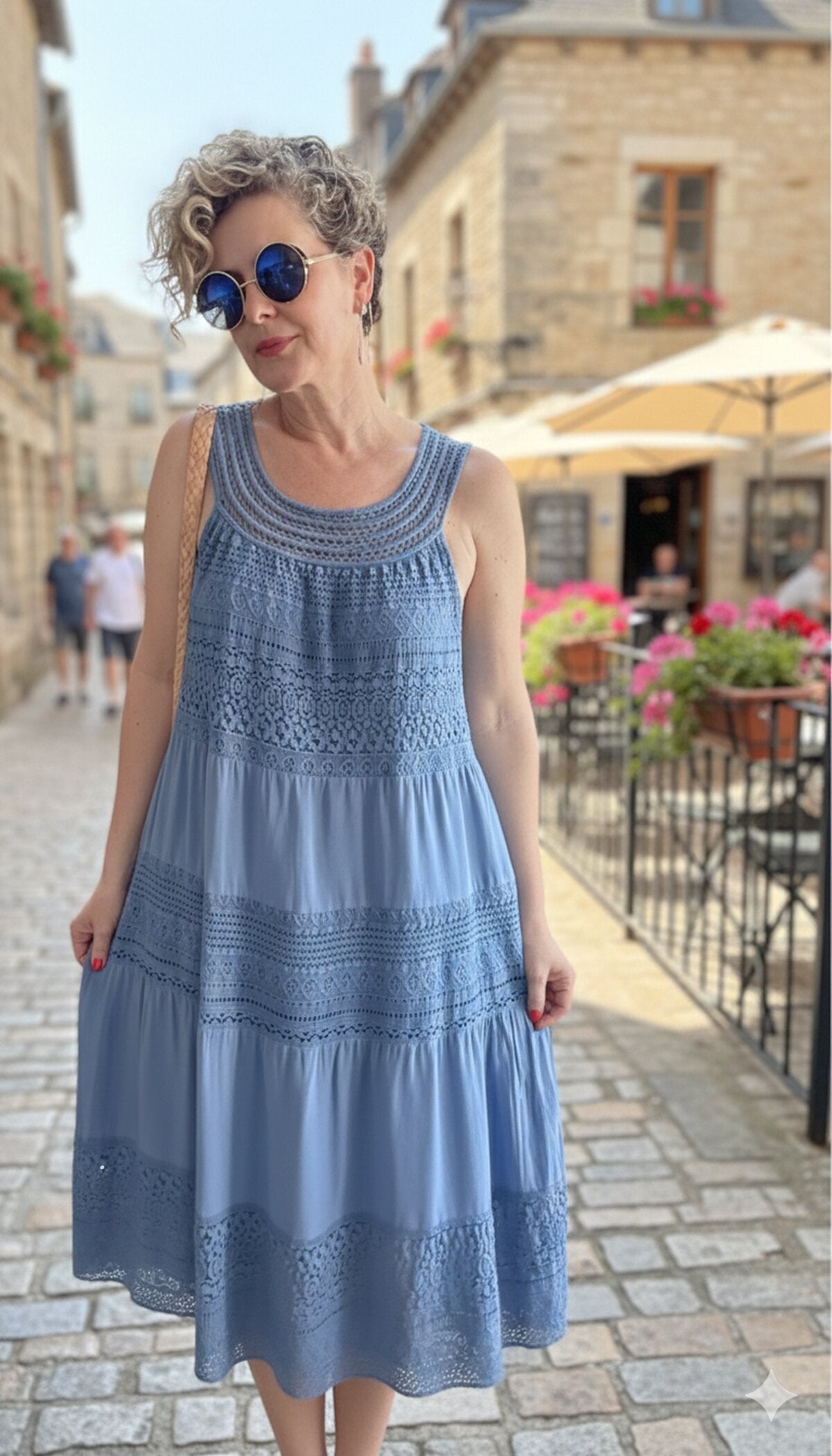 Azur İtalyan Dantel Detay Elbise İndigo Mavi
