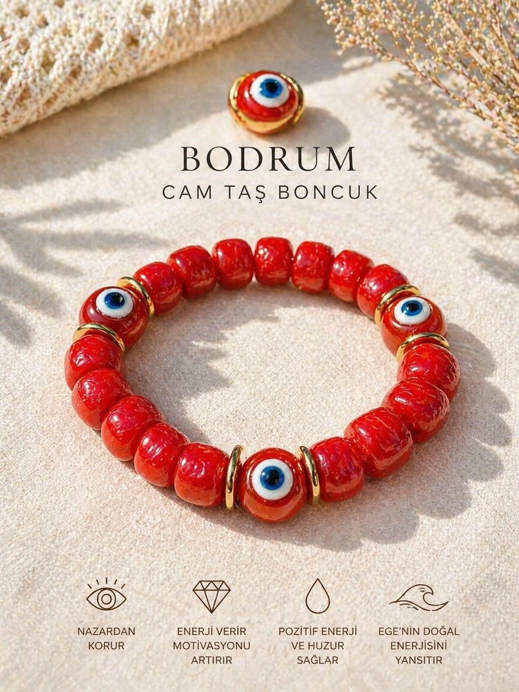 Bodrum Cam Taş Kırmızı Boncuk Bilezik
