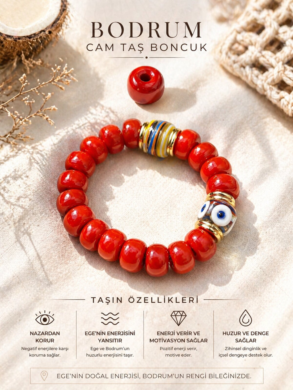 Bodrum Cam Taş Red Boncuk Bilezik