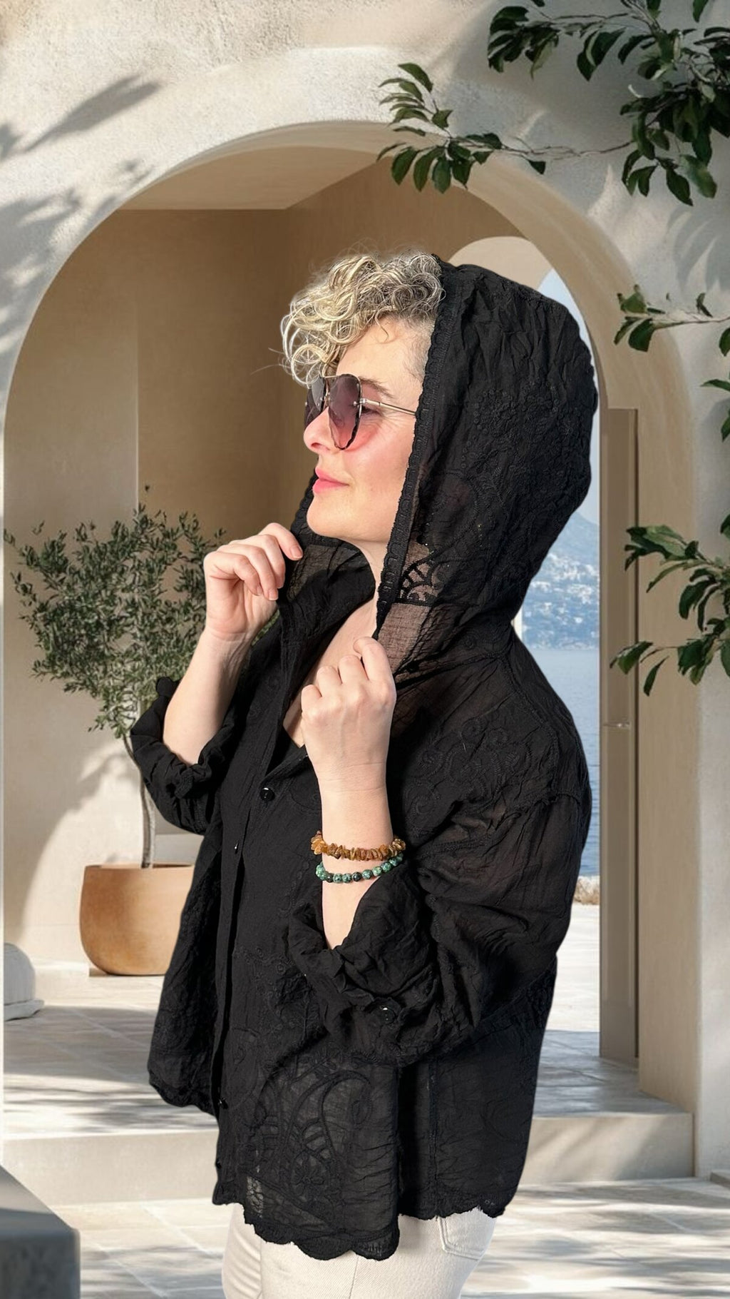 Bohho İthal Kapüşonlu Nakışlı Gömlek Ceket Siyah