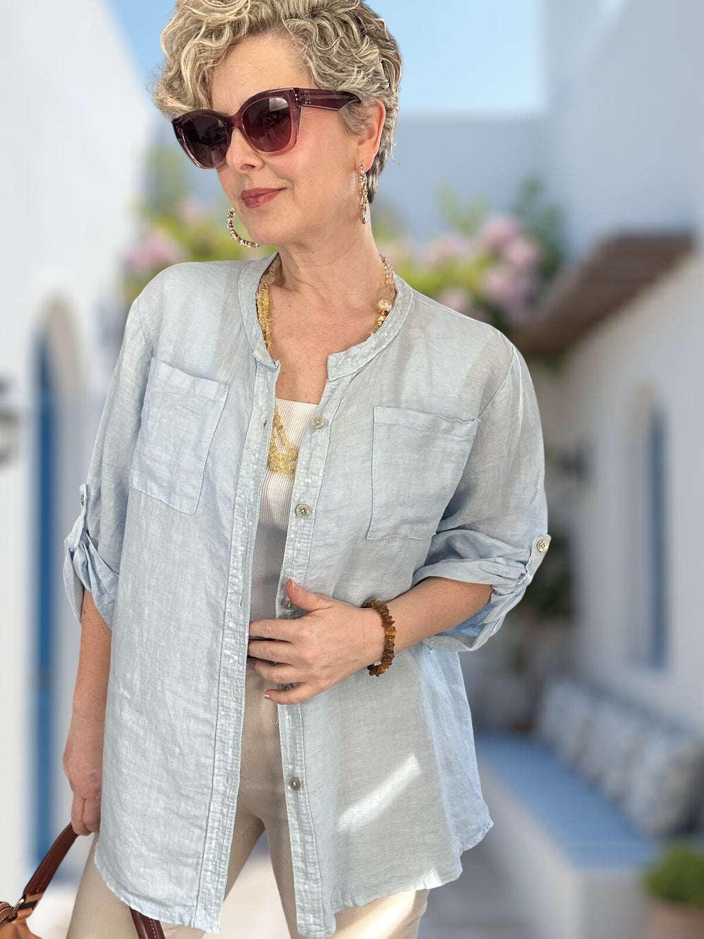 Brezza Payet İşlemeli & Sırtı Güpürlü Premium Linen Gömlek Bebe Mavi