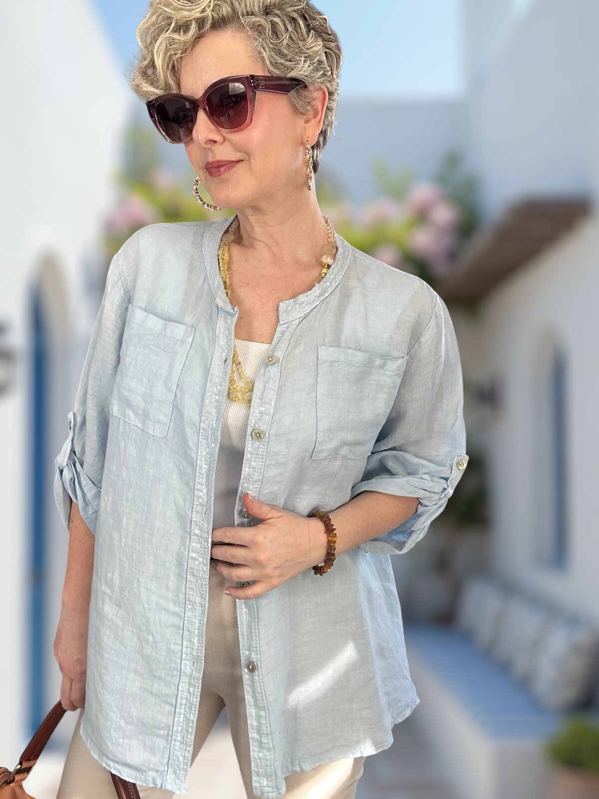 Brezza Payet İşlemeli & Sırtı Güpürlü Premium Linen Gömlek Bebe Mavi