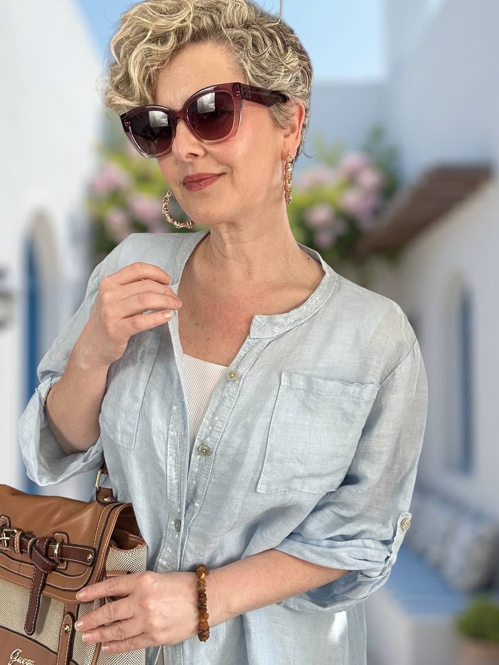 Brezza Payet İşlemeli & Sırtı Güpürlü Premium Linen Gömlek Bebe Mavi