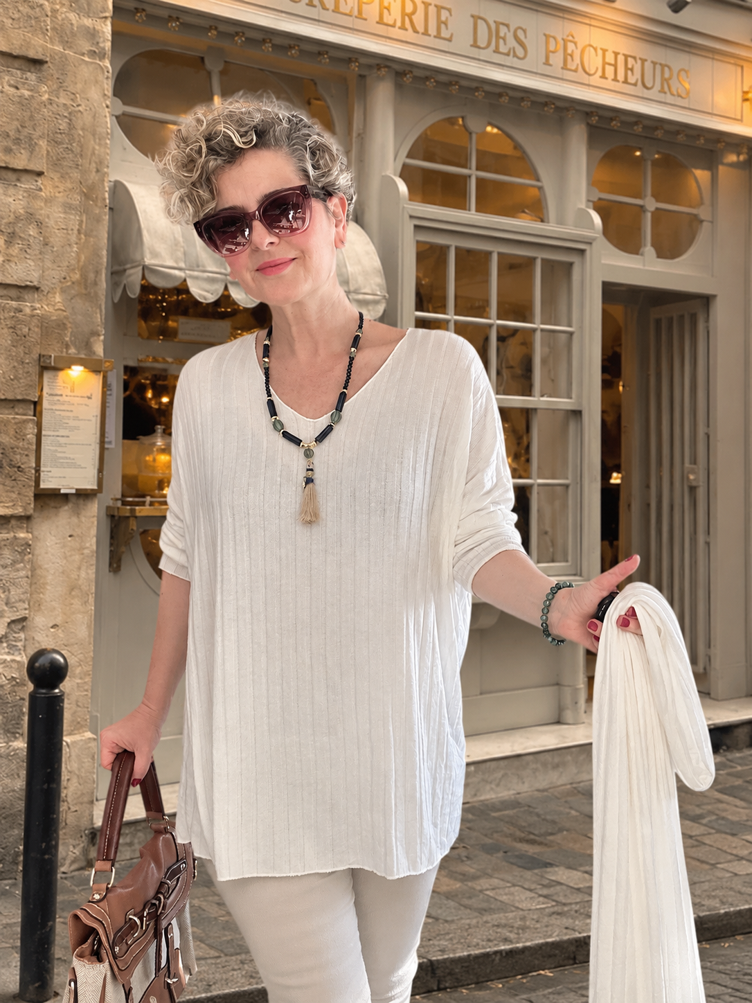 Rossi İtalyan Fularlı Tasarım Triko Bluz White görsel 1