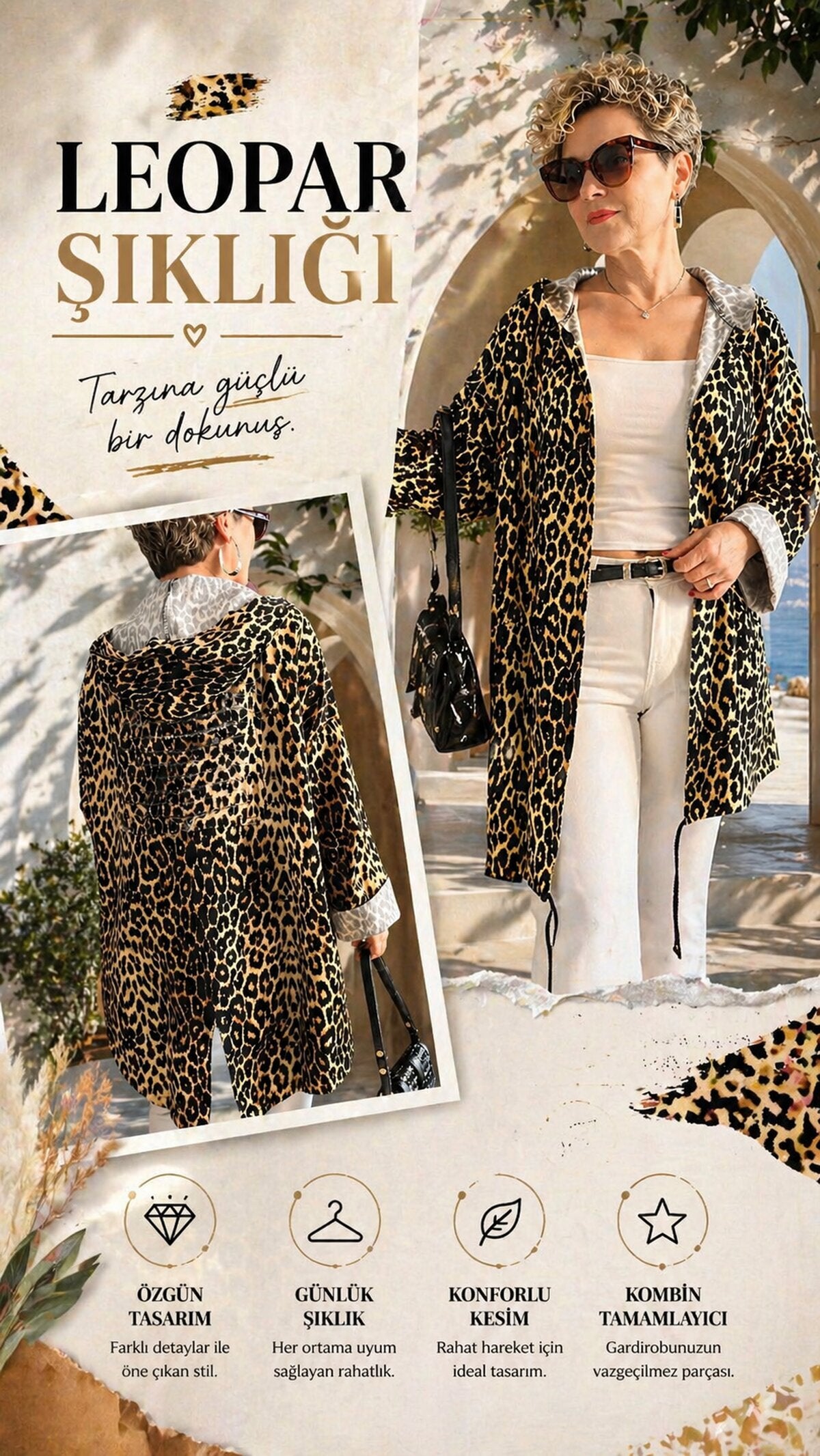 Dazza Tasarım Leopar Desen Sırt Pul Detay Ceket