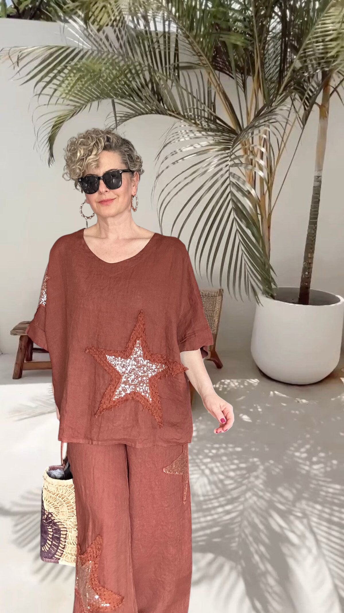 Dolce | Payet Yıldız Detaylı %100 Linen İkili Takım Cinnamon