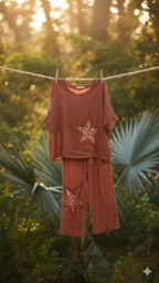 Dolce | Payet Yıldız Detaylı %100 Linen İkili Takım Cinnamon