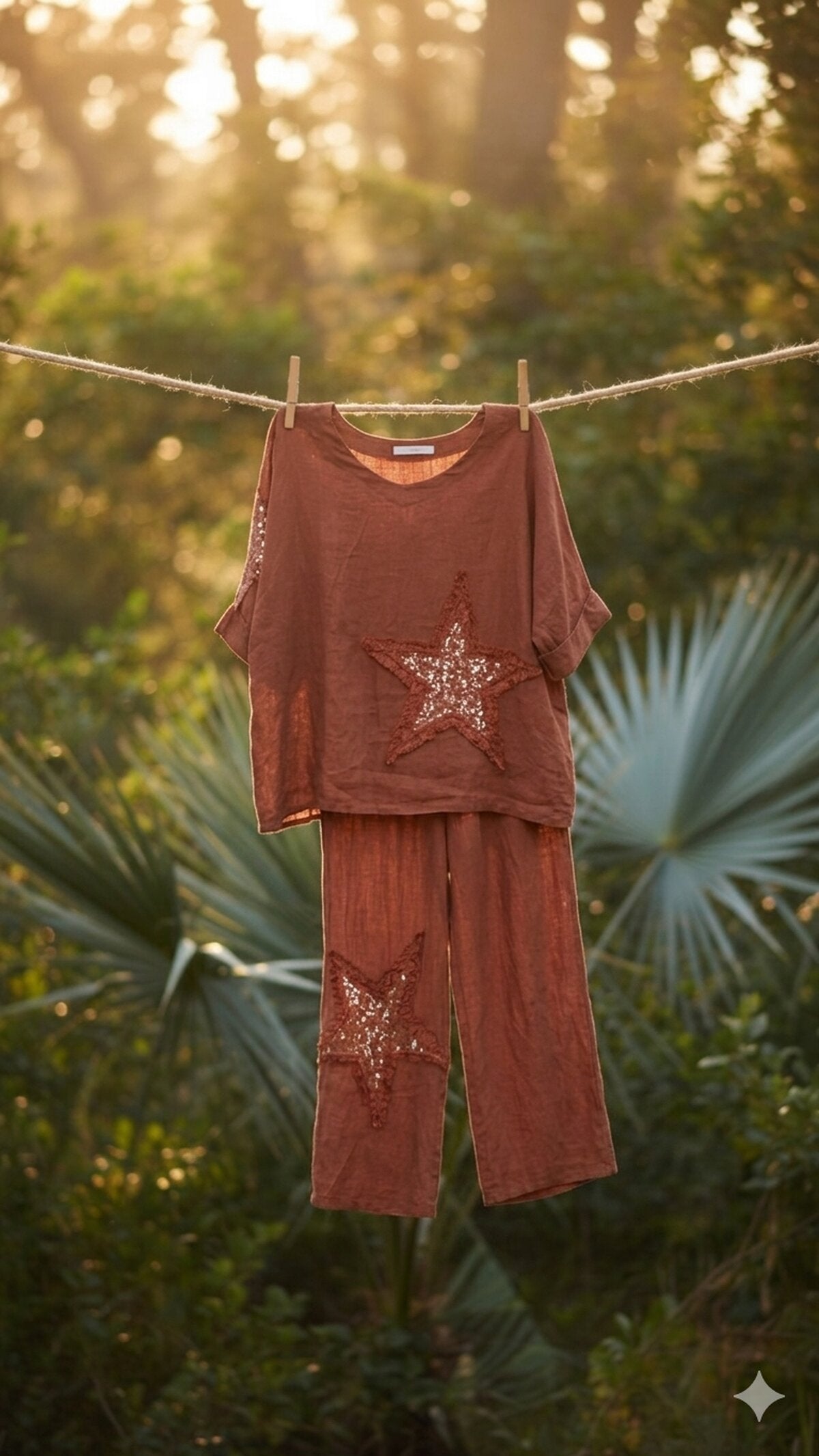 Dolce | Payet Yıldız Detaylı %100 Linen İkili Takım Cinnamon