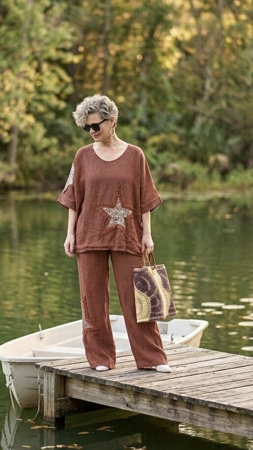 Dolce | Payet Yıldız Detaylı %100 Linen İkili Takım Cinnamon