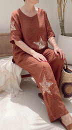 Dolce | Payet Yıldız Detaylı %100 Linen İkili Takım Cinnamon