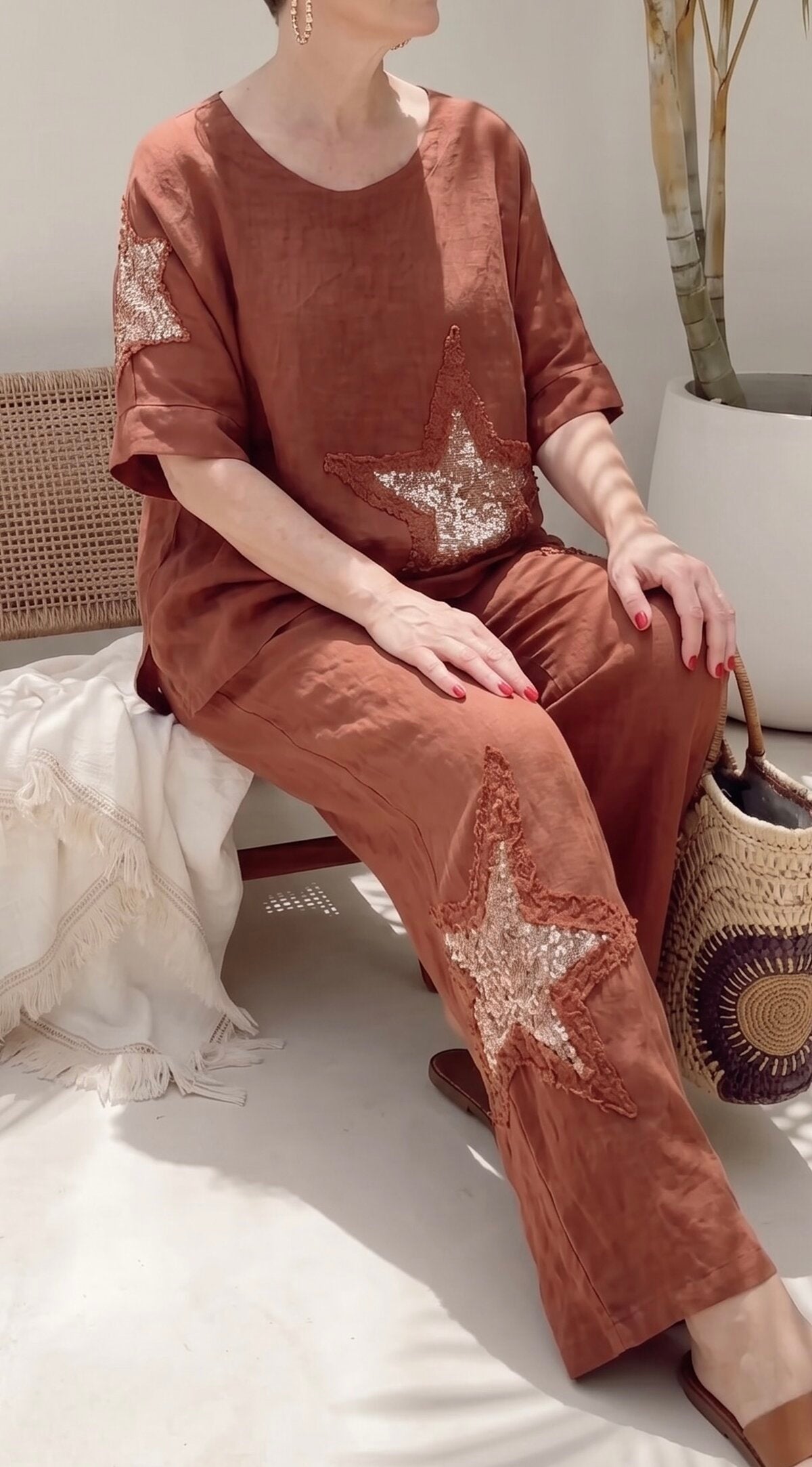 Dolce | Payet Yıldız Detaylı %100 Linen İkili Takım Cinnamon