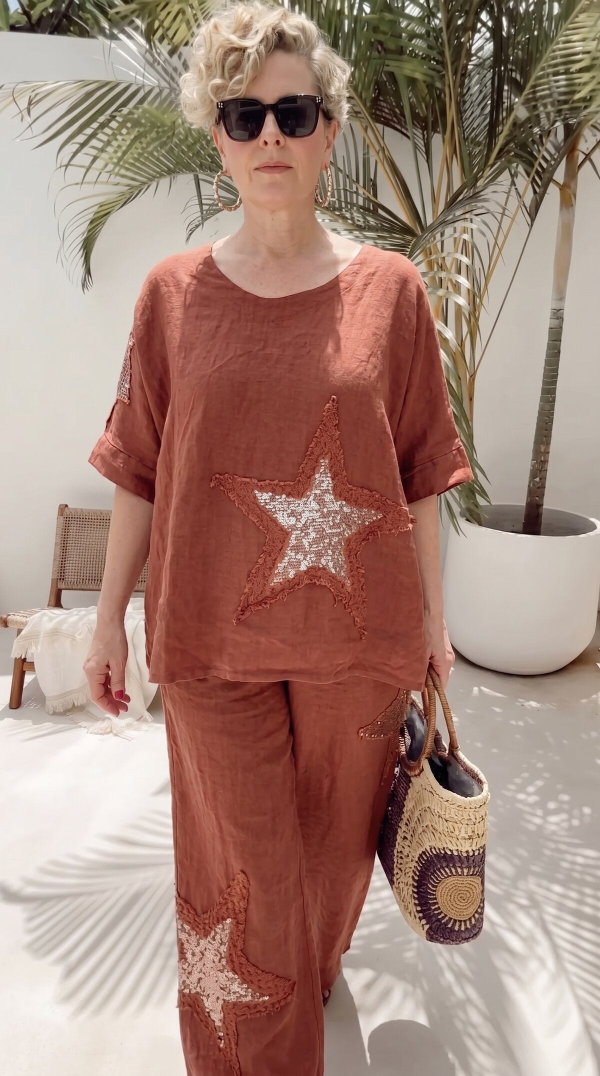 Dolce | Payet Yıldız Detaylı %100 Linen İkili Takım Cinnamon