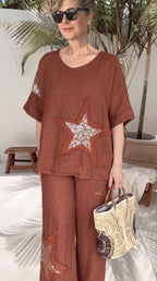 Dolce | Payet Yıldız Detaylı %100 Linen İkili Takım Cinnamon