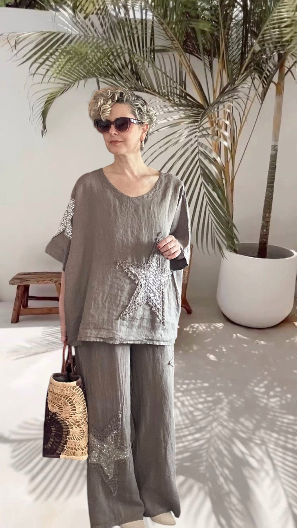 Dolce | Payet Yıldız Detaylı %100 Linen İkili Takım Fango