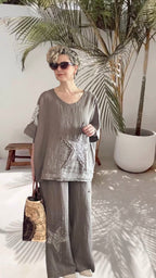 Dolce | Payet Yıldız Detaylı %100 Linen İkili Takım Fango