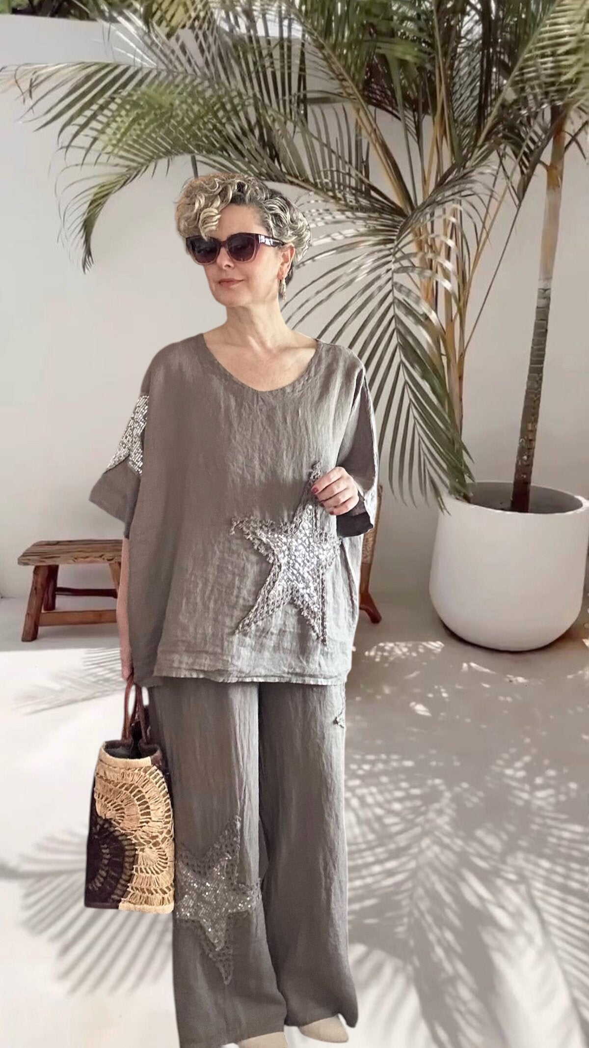 Dolce | Payet Yıldız Detaylı %100 Linen İkili Takım Fango