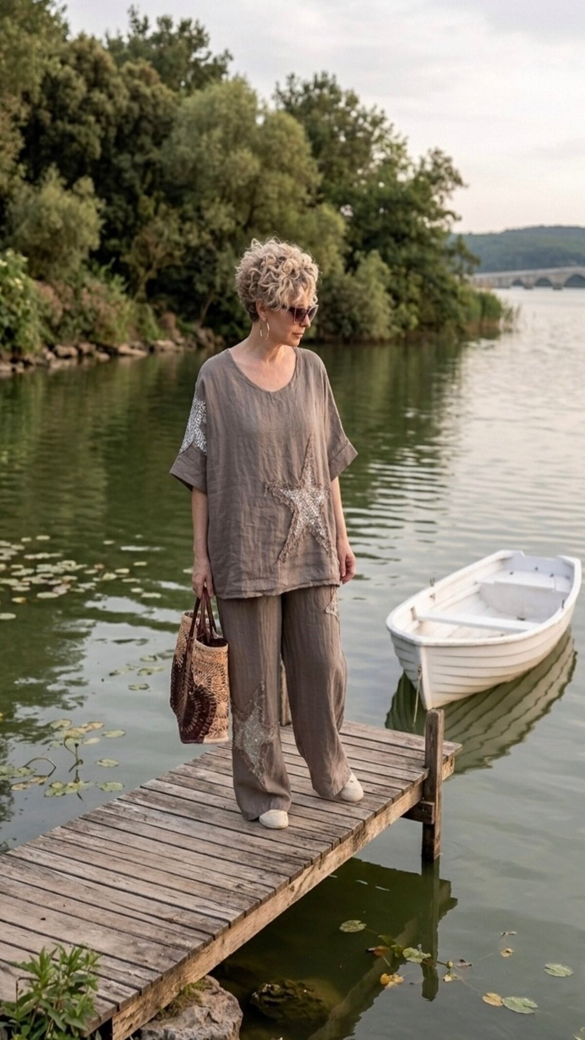 Dolce | Payet Yıldız Detaylı %100 Linen İkili Takım Fango