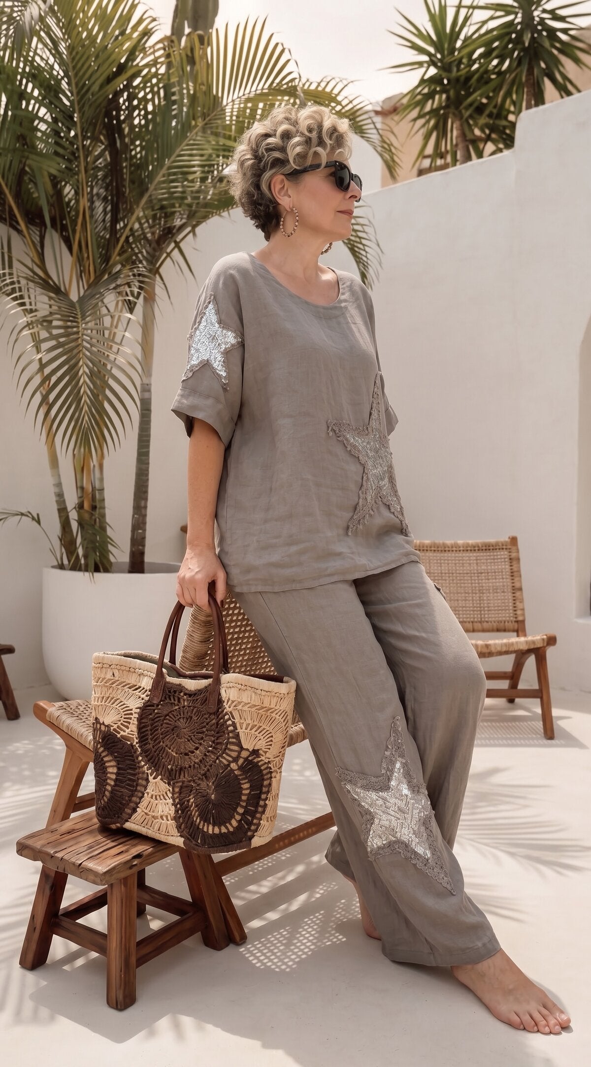 Dolce | Payet Yıldız Detaylı %100 Linen İkili Takım Fango