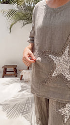Dolce | Payet Yıldız Detaylı %100 Linen İkili Takım Fango