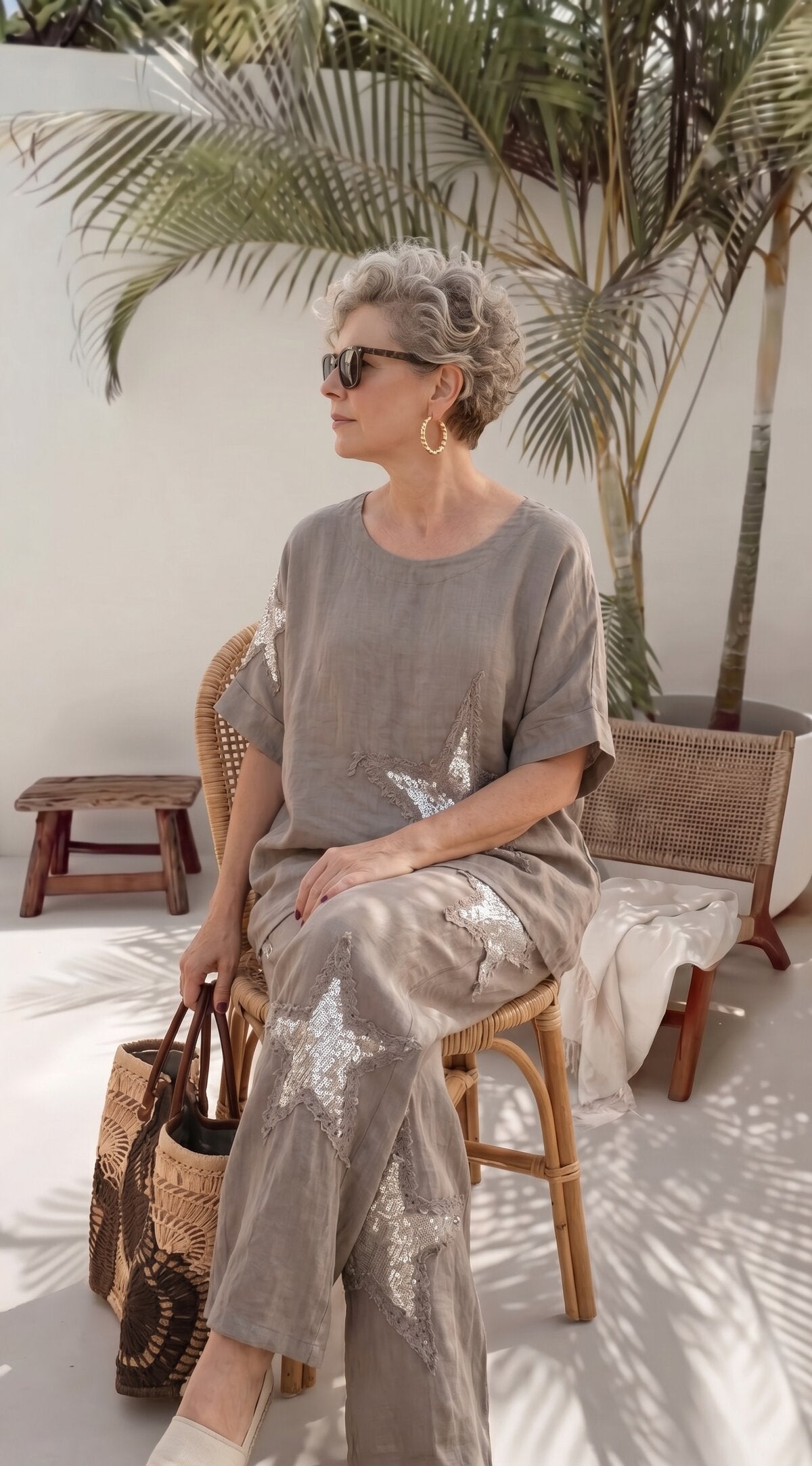 Dolce | Payet Yıldız Detaylı %100 Linen İkili Takım Fango