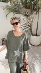Dolce | Payet Yıldız Detaylı %100 Linen İkili Takım Military