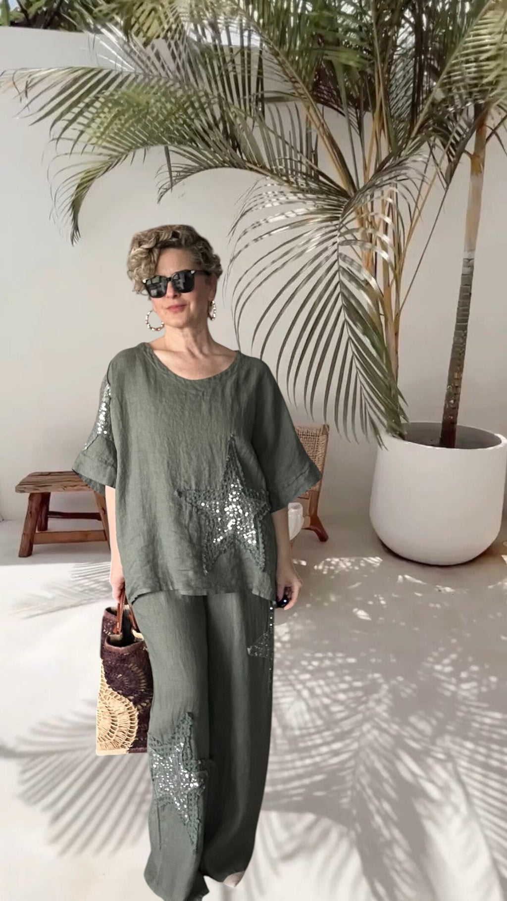 Dolce | Payet Yıldız Detaylı %100 Linen İkili Takım Military