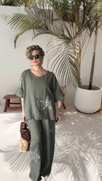Dolce | Payet Yıldız Detaylı %100 Linen İkili Takım Military