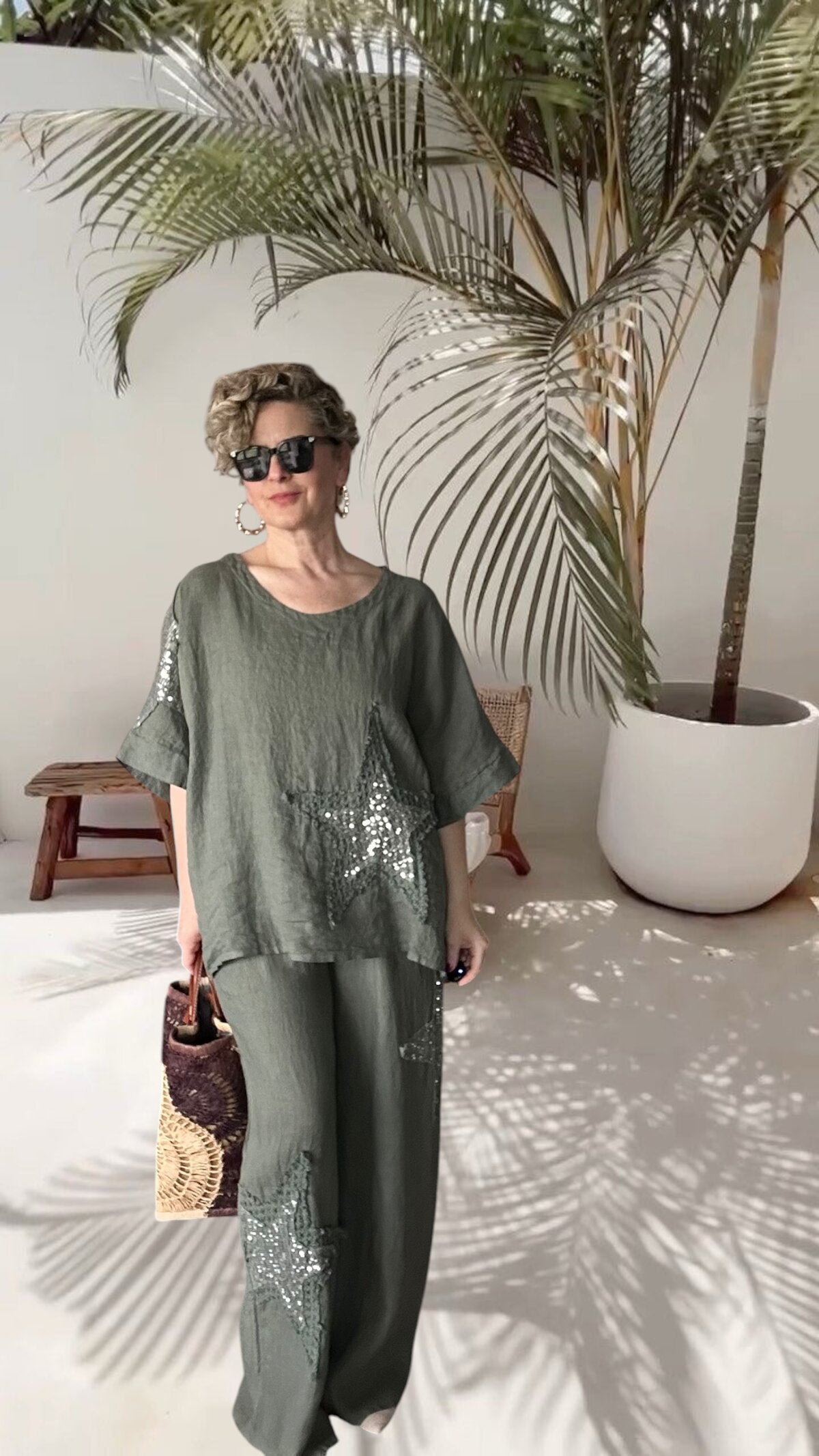 Dolce | Payet Yıldız Detaylı %100 Linen İkili Takım Military