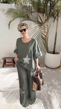 Dolce | Payet Yıldız Detaylı %100 Linen İkili Takım Military