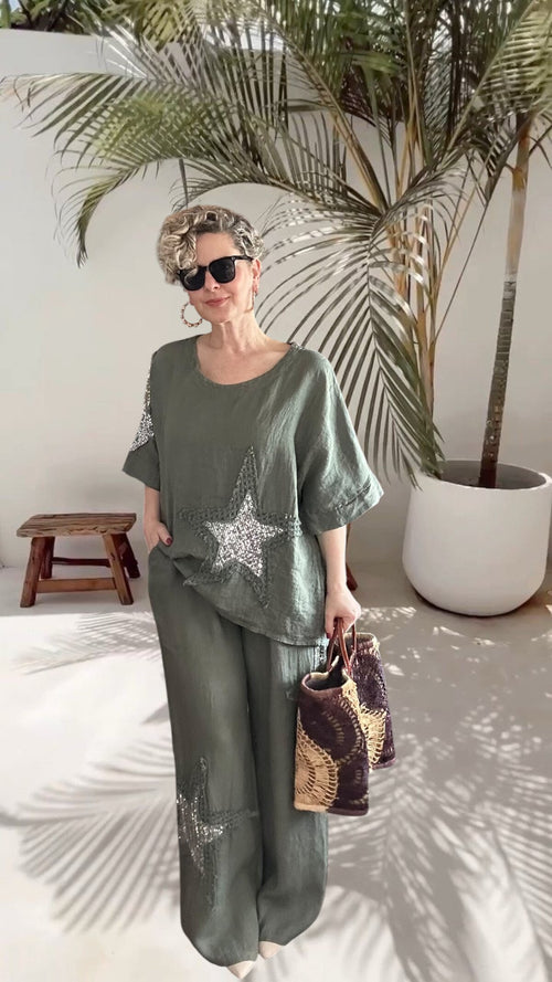 Dolce | Payet Yıldız Detaylı %100 Linen İkili Takım Military