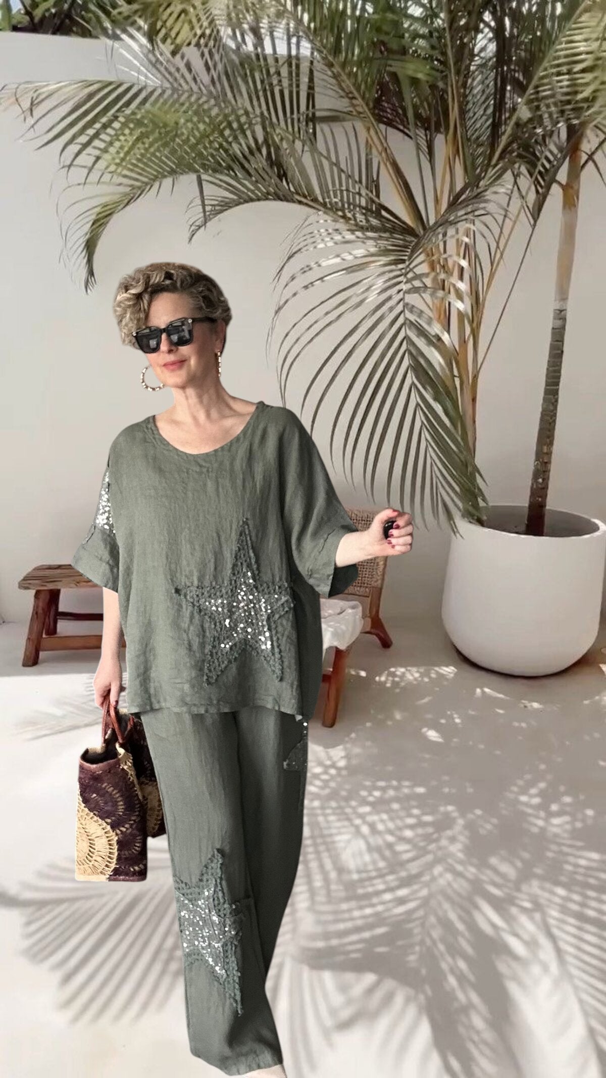 Dolce | Payet Yıldız Detaylı %100 Linen İkili Takım Military