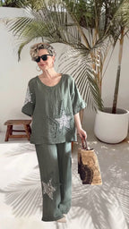 Dolce | Payet Yıldız Detaylı %100 Linen İkili Takım Military