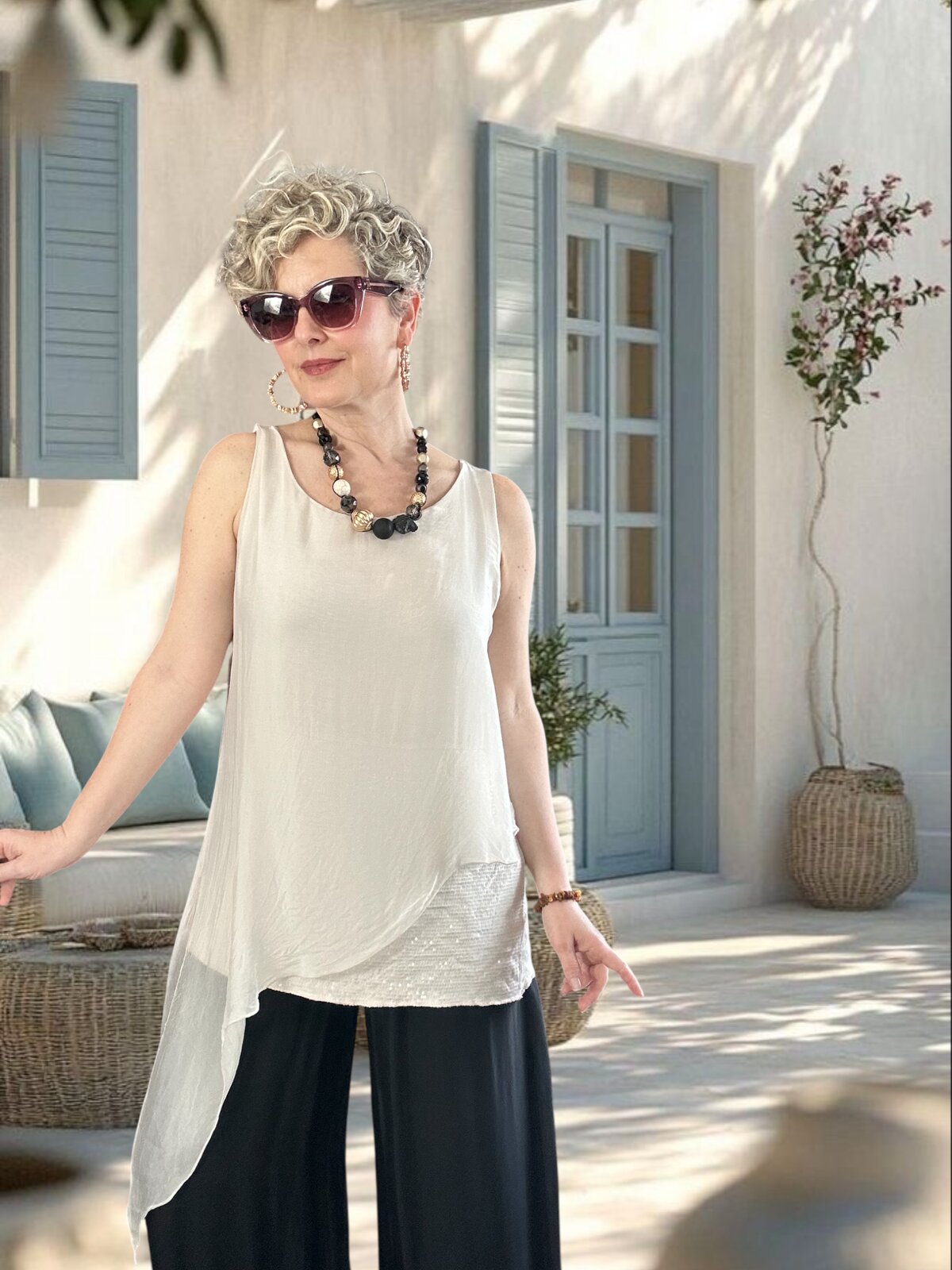 Eclissi İthal Asimetrik Kesim Pullu İpek Bluz Beige