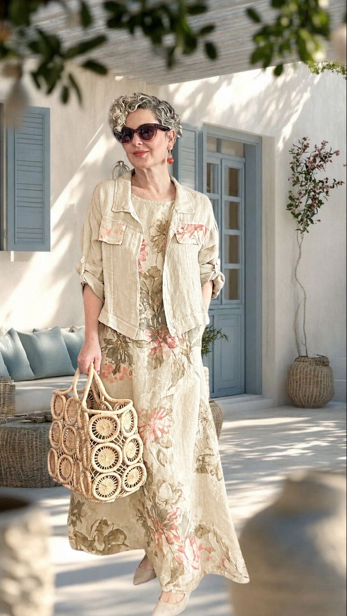Esse İthal %100 Linen Ceket & Kolsuz Elbise Takımı Beige