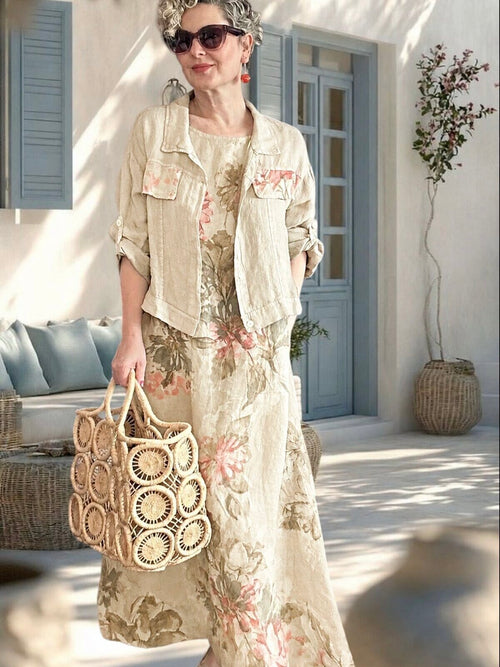 Esse İthal %100 Linen Ceket & Kolsuz Elbise Takımı Beige