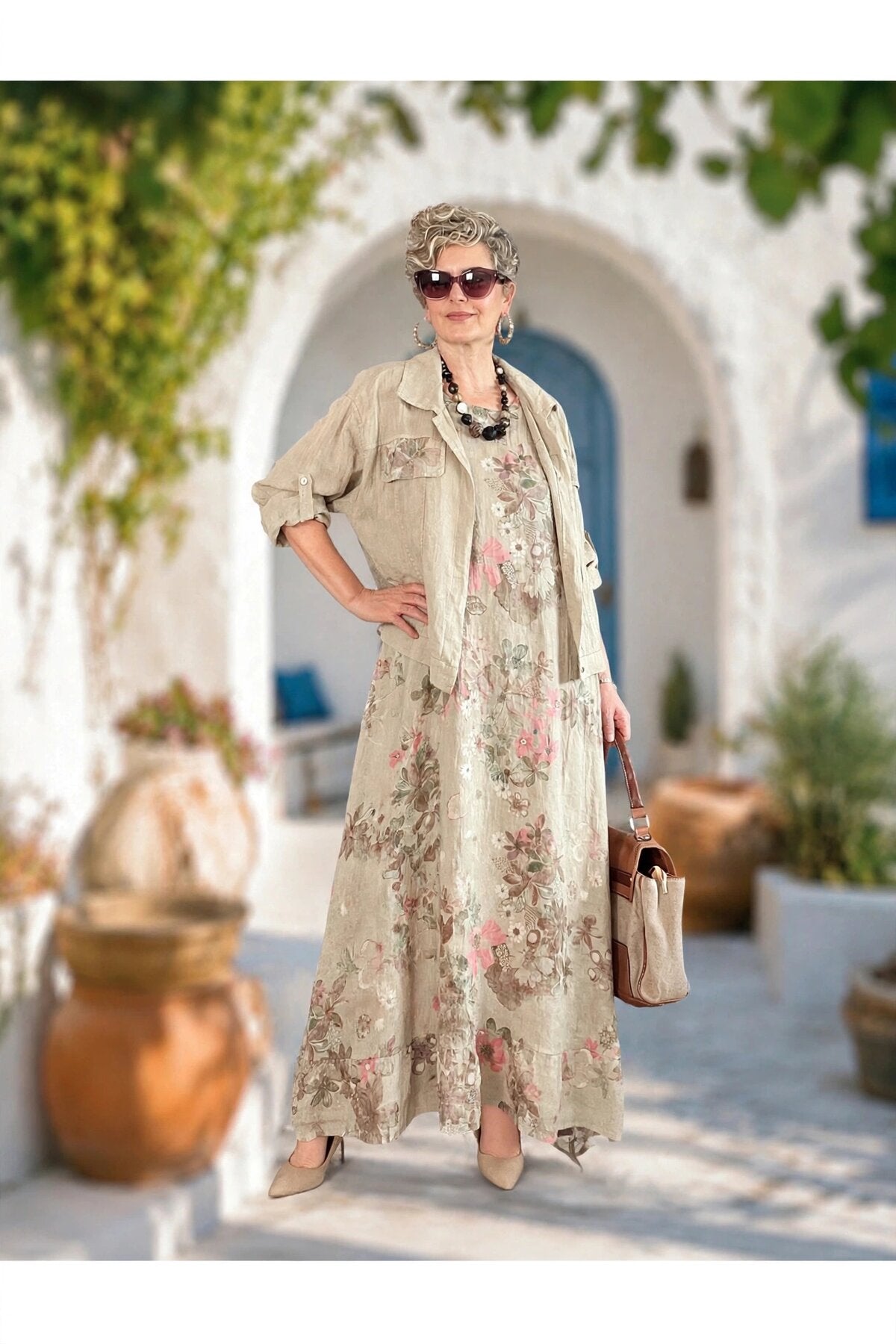 Esse İthal %100 Linen Ceket & Kolsuz Elbise Takımı Beige