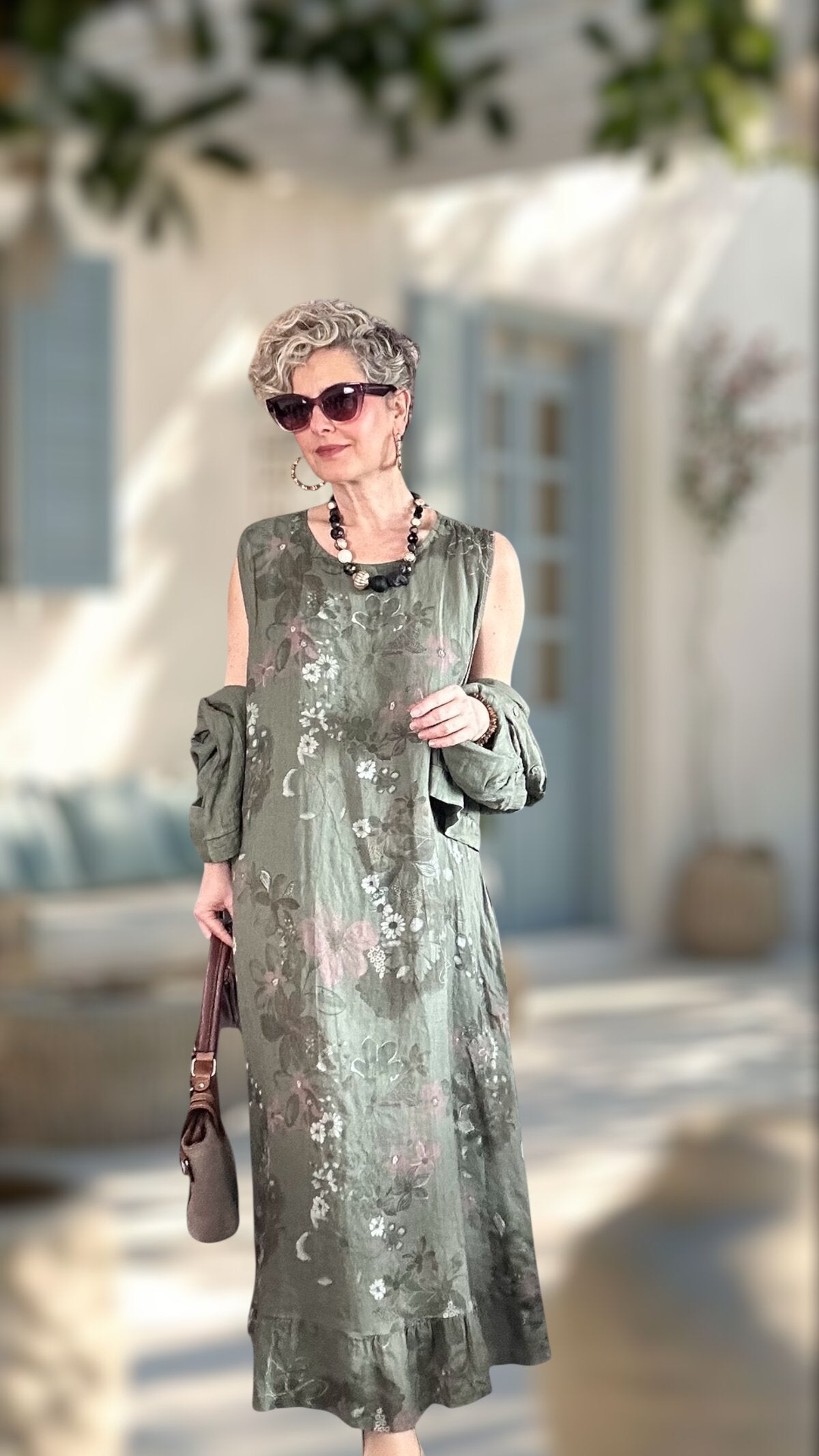 Esse İthal %100 Linen Ceket & Kolsuz Elbise Takımı Haki