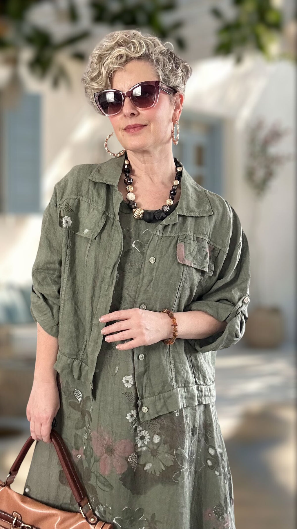 Esse İthal %100 Linen Ceket & Kolsuz Elbise Takımı Haki