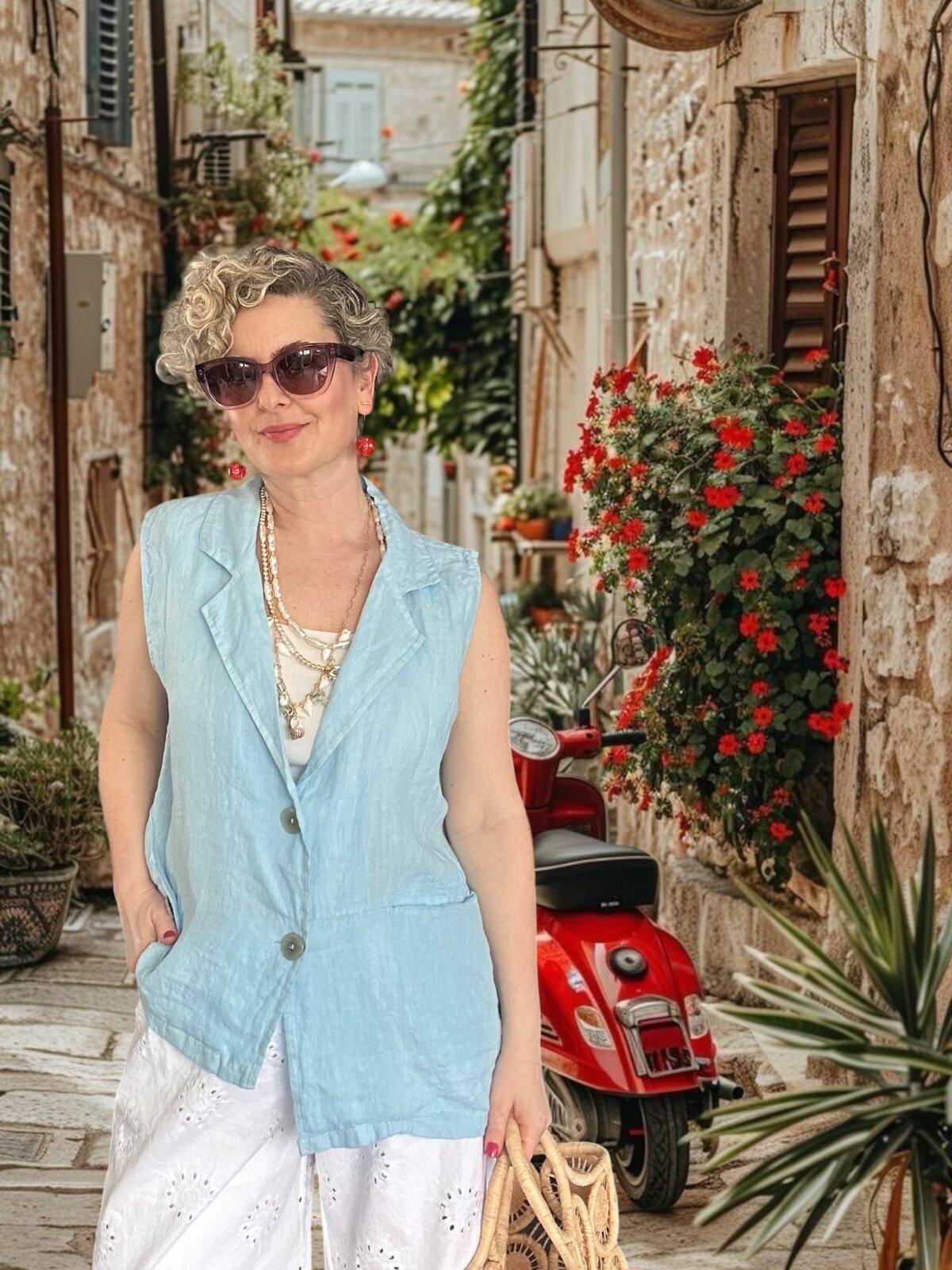 Estee %100 Linen Asimetrik Kesim Blazer Yelek Bebe Mavi