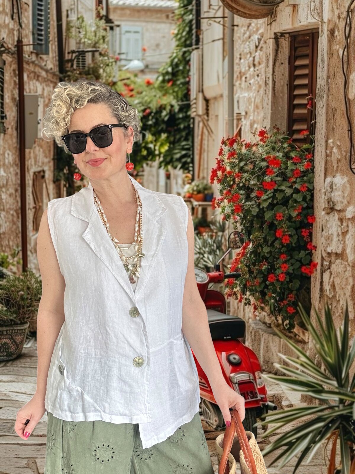 Estee %100 Linen Asimetrik Kesim Blazer Yelek Beyaz