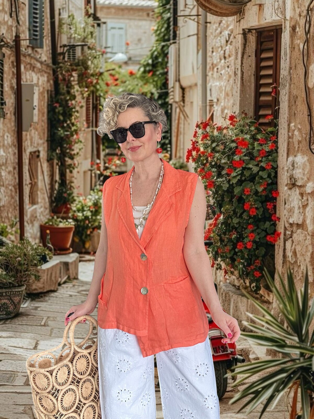 Estee %100 Linen Asimetrik Kesim Blazer Yelek Somon