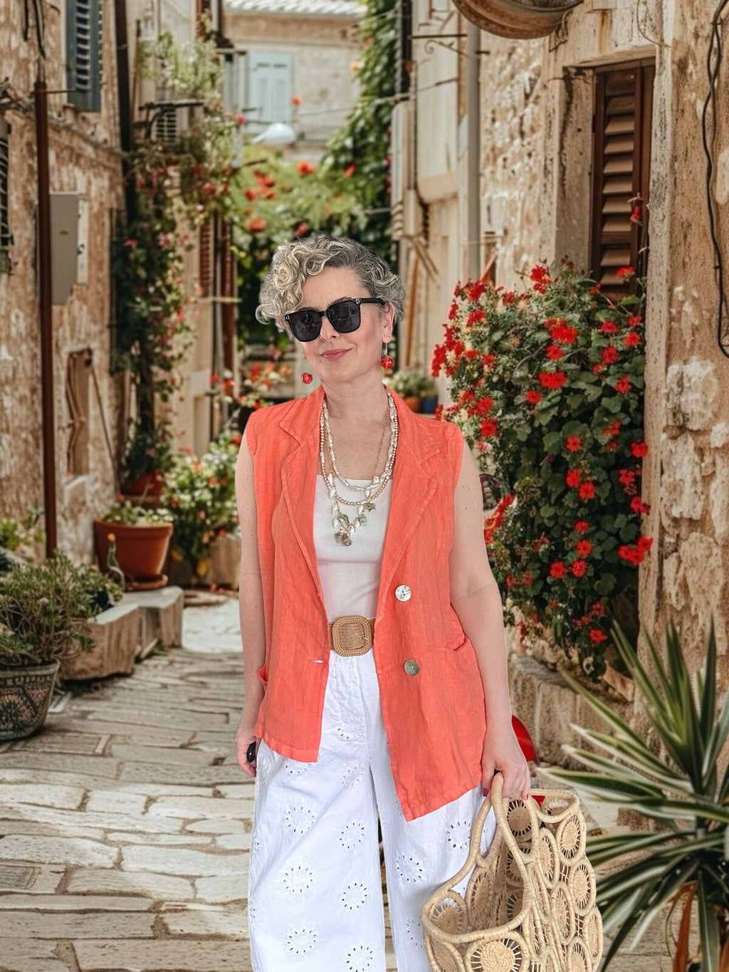 Estee %100 Linen Asimetrik Kesim Blazer Yelek Somon
