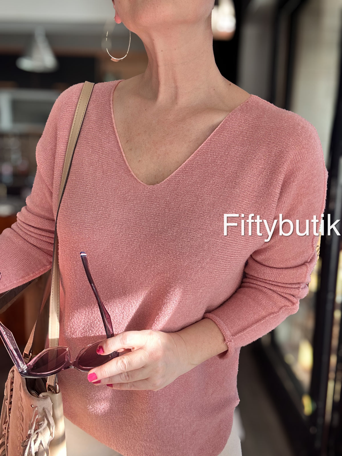 Fikka İtalyan V Yaka Oval Triko Pudra görsel 3