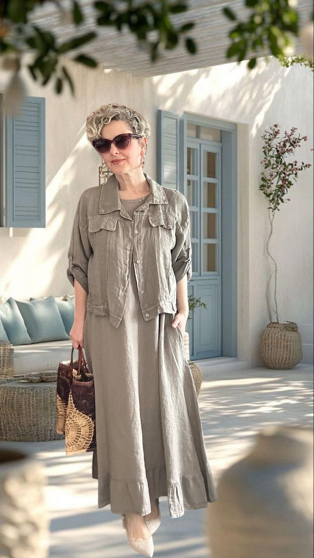 Fisso %100 Linen Kolsuz Elbise & Cep Pul Detaylı Ceket Takım Fango