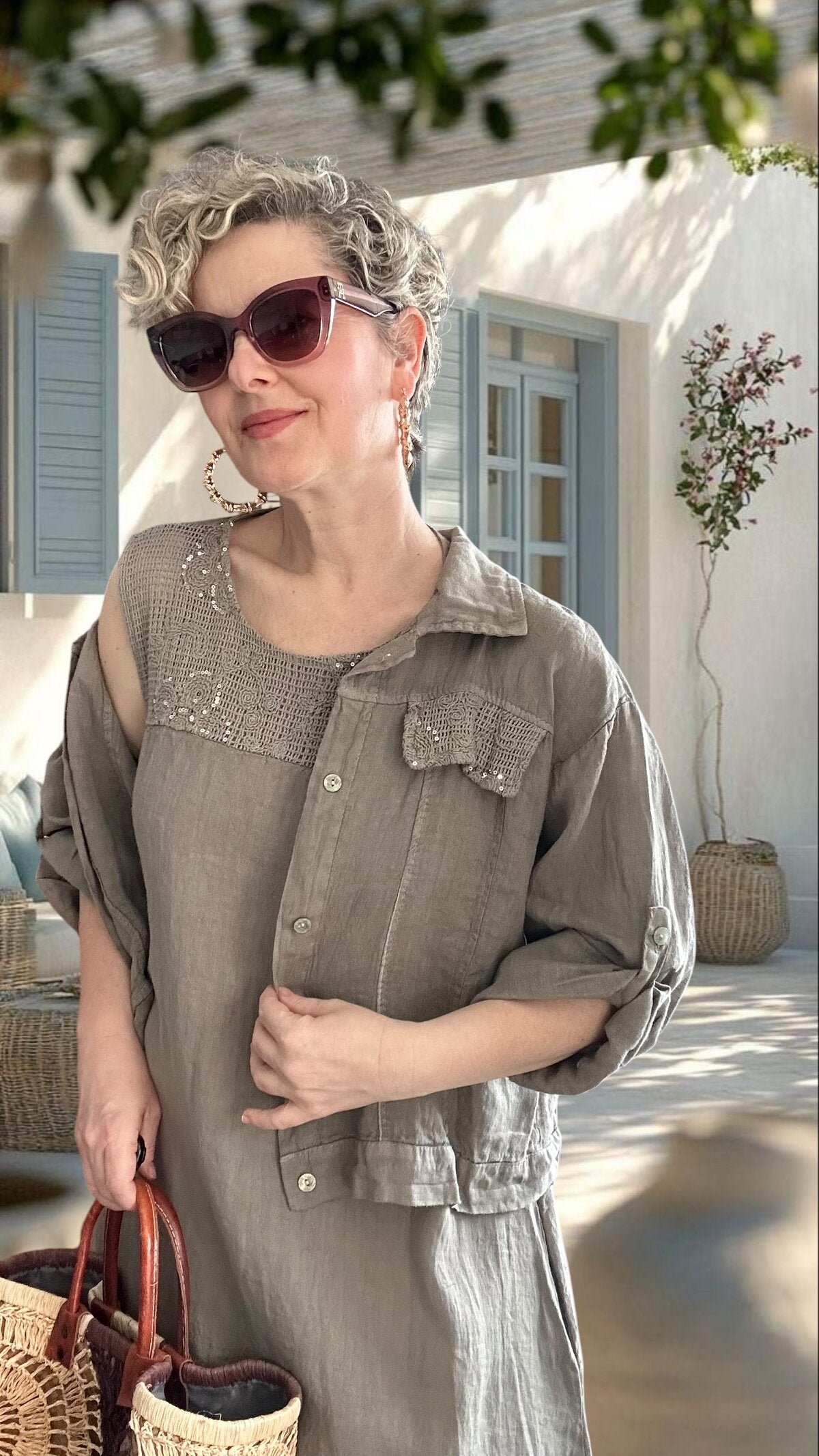 Fisso %100 Linen Kolsuz Elbise & Cep Pul Detaylı Ceket Takım Fango