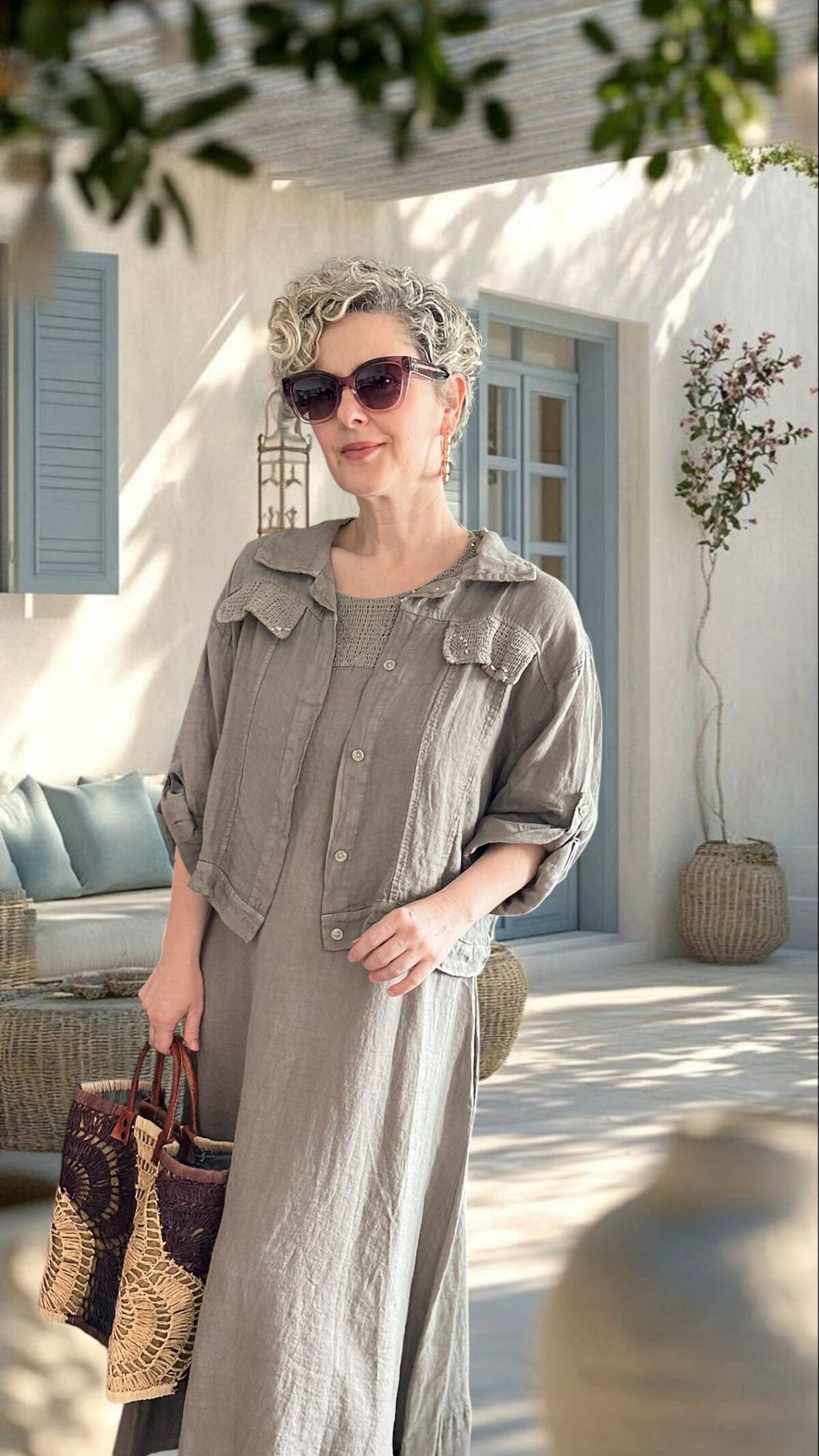 Fisso %100 Linen Kolsuz Elbise & Cep Pul Detaylı Ceket Takım Fango