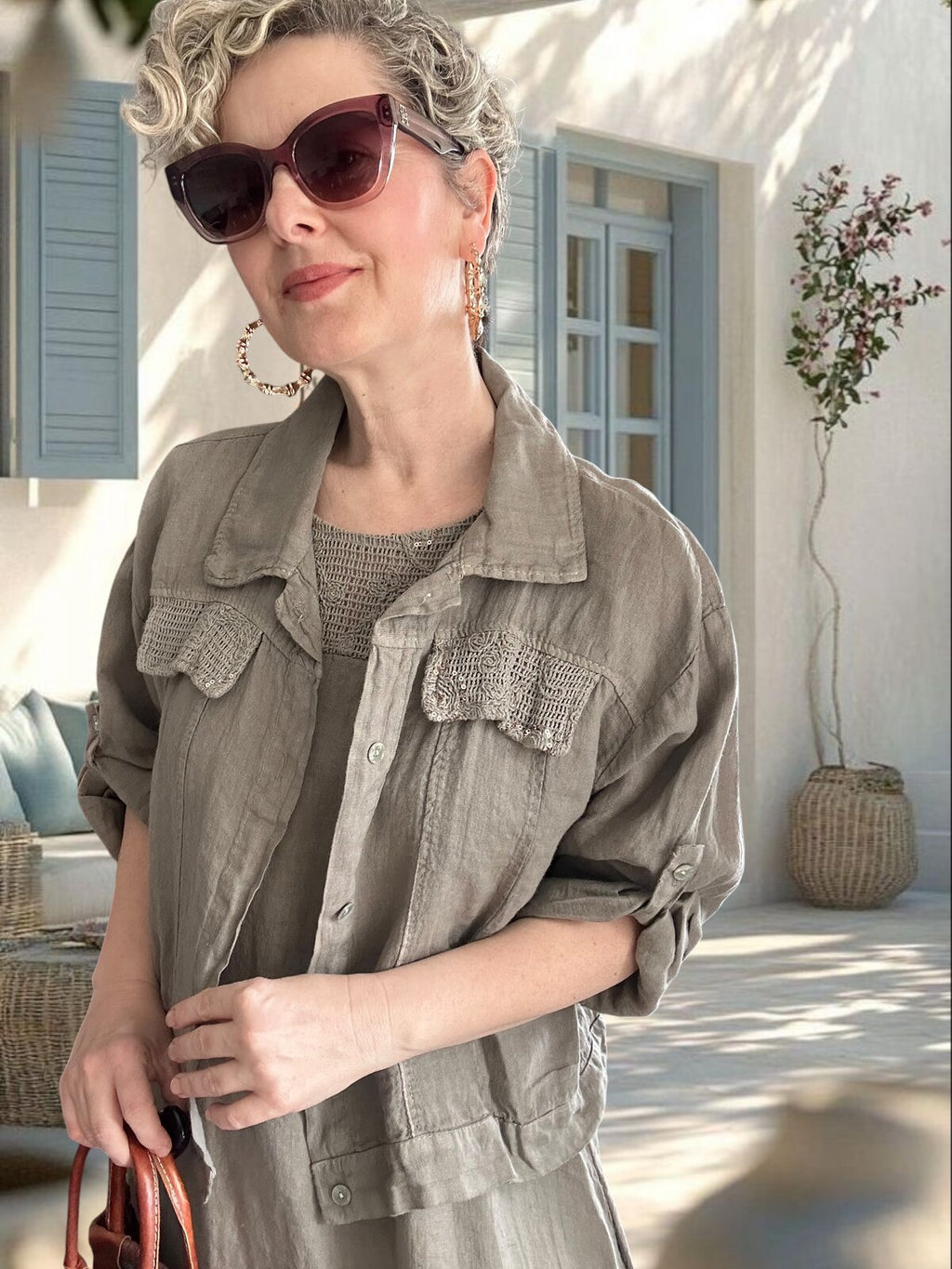 Fisso %100 Linen Kolsuz Elbise & Cep Pul Detaylı Ceket Takım Fango