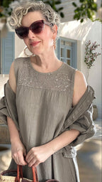 Fisso %100 Linen Kolsuz Elbise & Cep Pul Detaylı Ceket Takım Fango